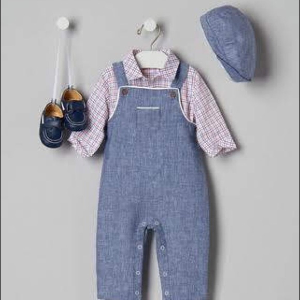 Janie and Jack Set overalls newsboy hat button up